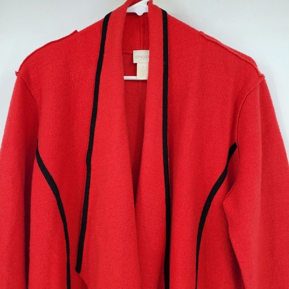Chico's Trimmed Traci Red and Black Wool Cardigan Sweater Size Large - Picture 7 of 11